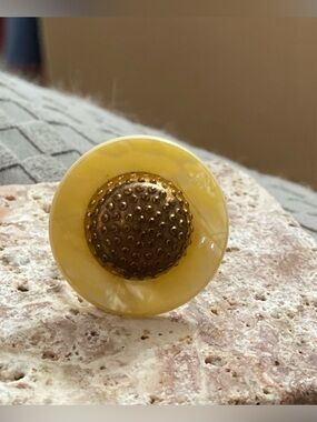 Vintage Brass Center Yellow Bakelite-Style Button Ring